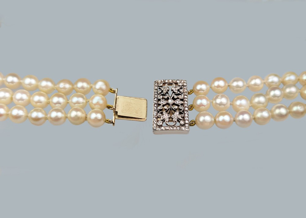 Vintage Pearl Necklace with Rose Cut Diamond Clasp Triple Strand 1950s Necklace View VIII