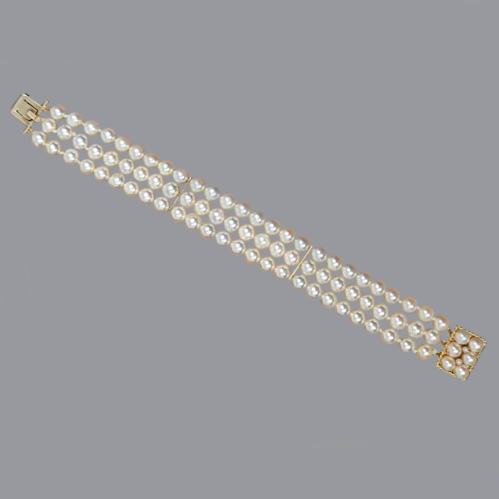 Vintage Pearl Bracelet with 9ct Gold Clasp Triple Strand London Hallmarked