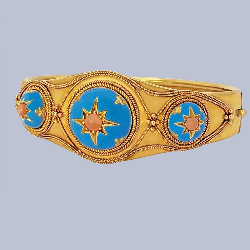 Victorian Coral and Enamel Bangle 18ct Gold Etruscan Revival Antique Bracelet Circa 1870