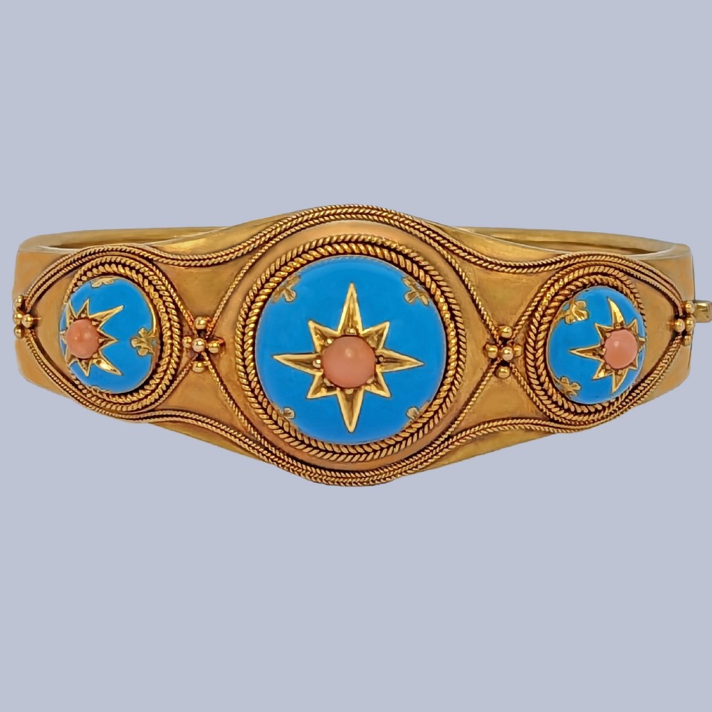 Victorian Coral and Enamel Bangle 18ct Gold Etruscan Revival Antique Bracelet Circa 1870 View III
