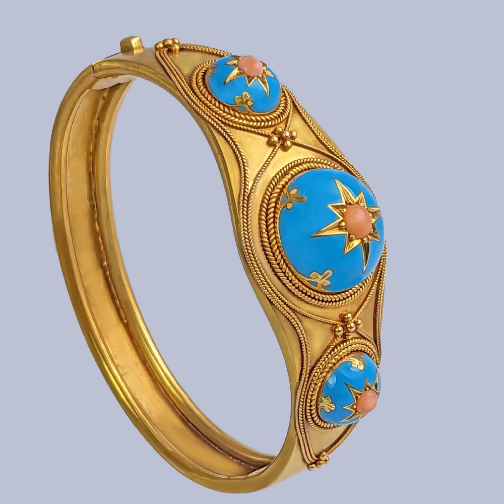 Victorian Coral and Enamel Bangle 18ct Gold Etruscan Revival Antique Bracelet Circa 1870 View IV