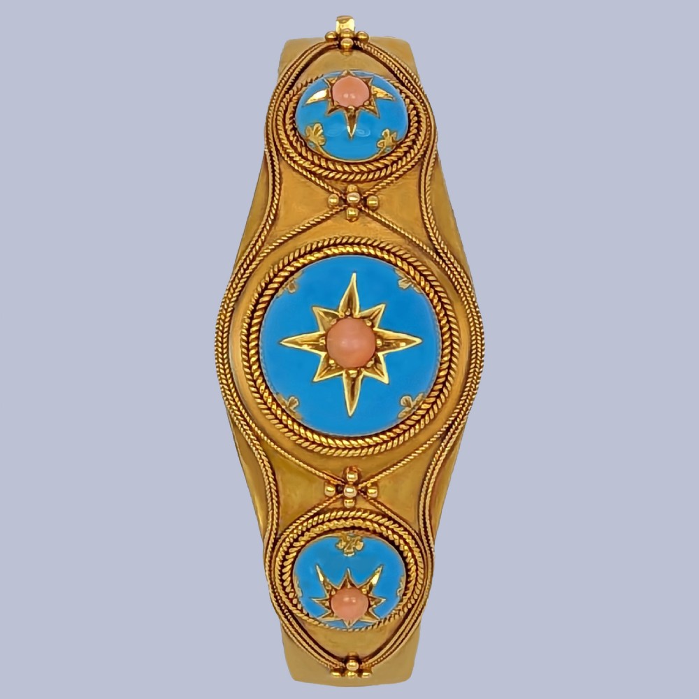 Victorian Coral and Enamel Bangle 18ct Gold Etruscan Revival Antique Bracelet Circa 1870 View VI
