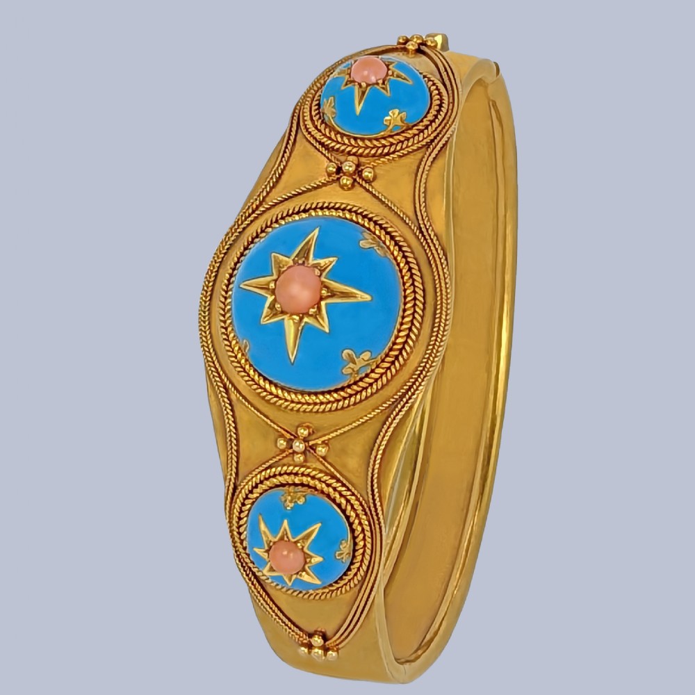 Victorian Coral and Enamel Bangle 18ct Gold Etruscan Revival Antique Bracelet Circa 1870 View VII