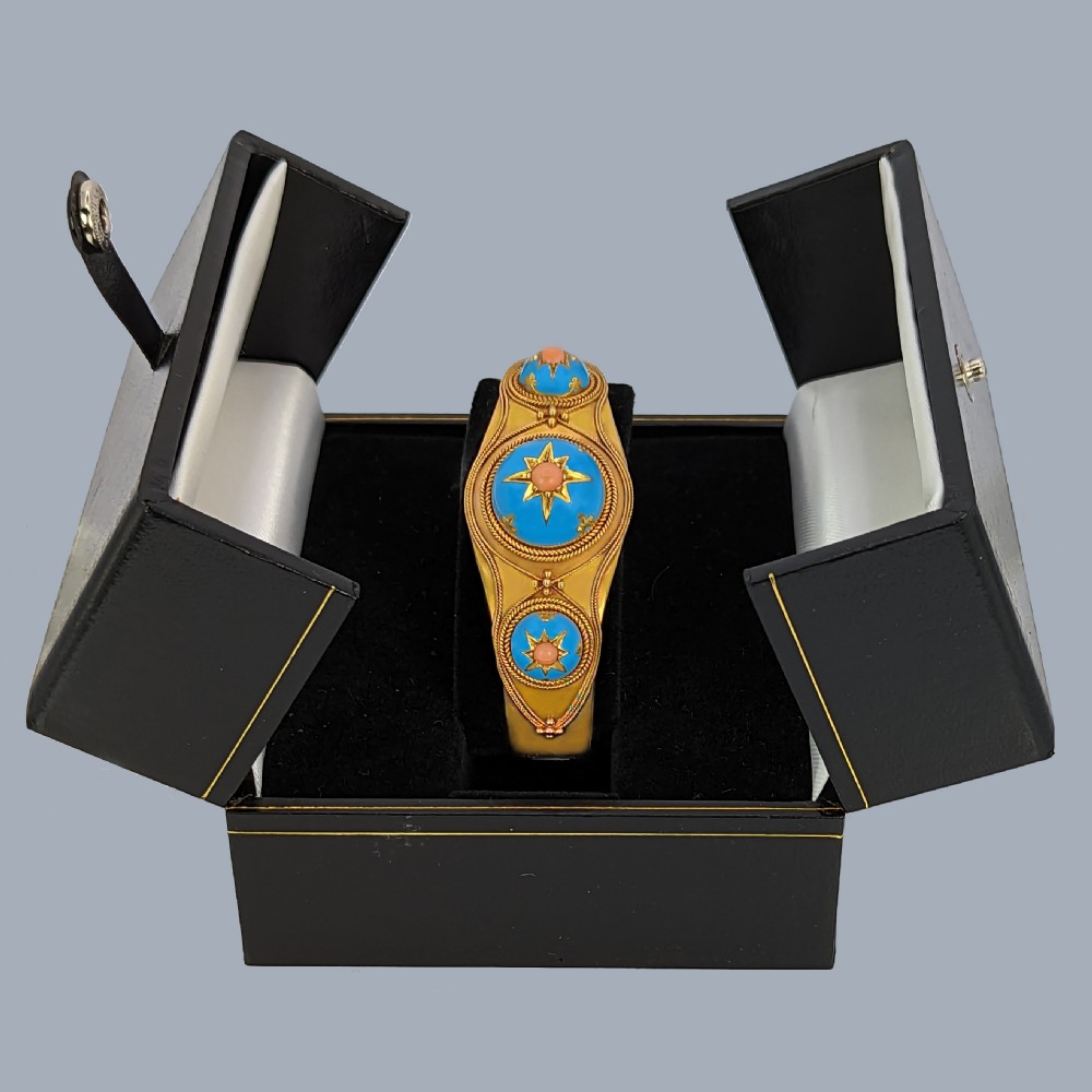 Victorian Coral and Enamel Bangle 18ct Gold Etruscan Revival Antique Bracelet Circa 1870 View VIII