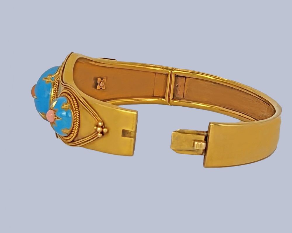Victorian Coral and Enamel Bangle 18ct Gold Etruscan Revival Antique Bracelet Circa 1870 View X