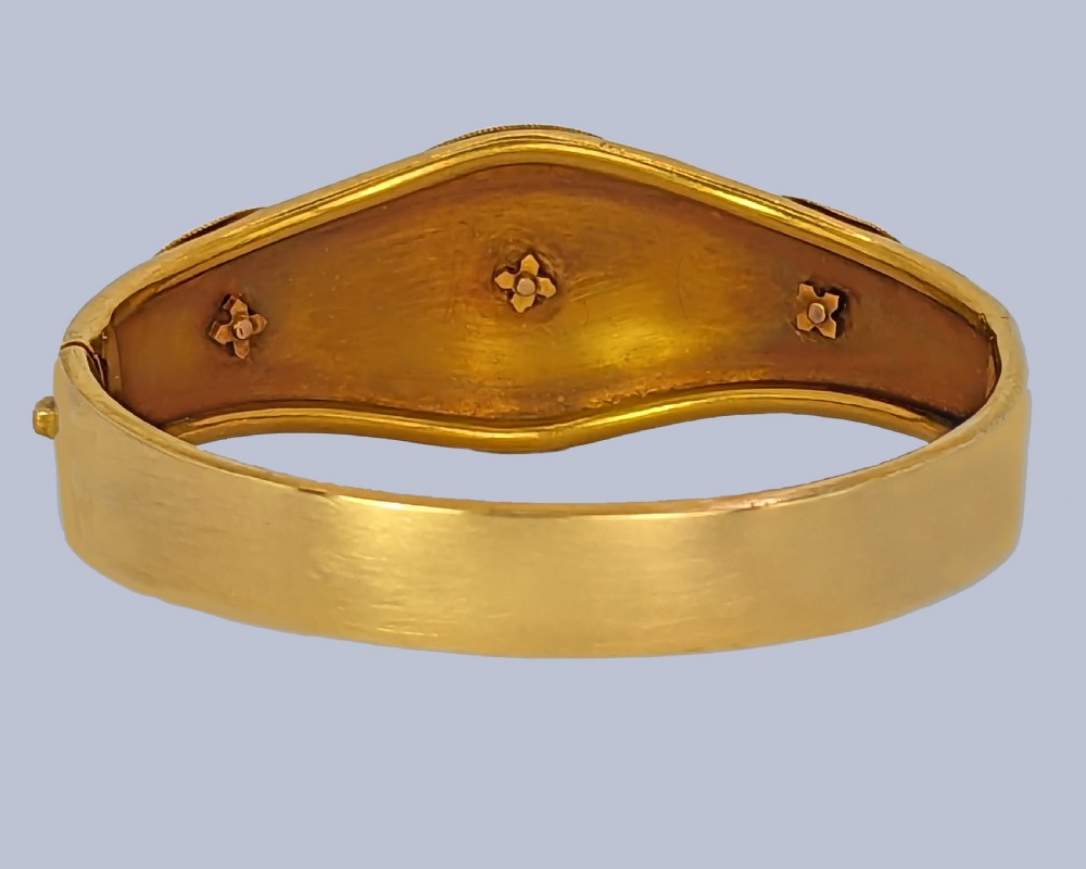 Victorian Coral and Enamel Bangle 18ct Gold Etruscan Revival Antique Bracelet Circa 1870 View XI