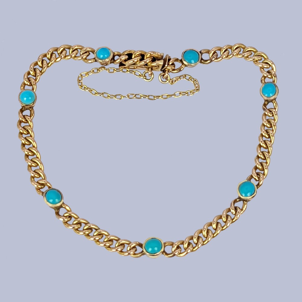 Antique Turquoise Curb Link Bracelet 9ct Yellow Gold Vintage Edwardian Bracelet