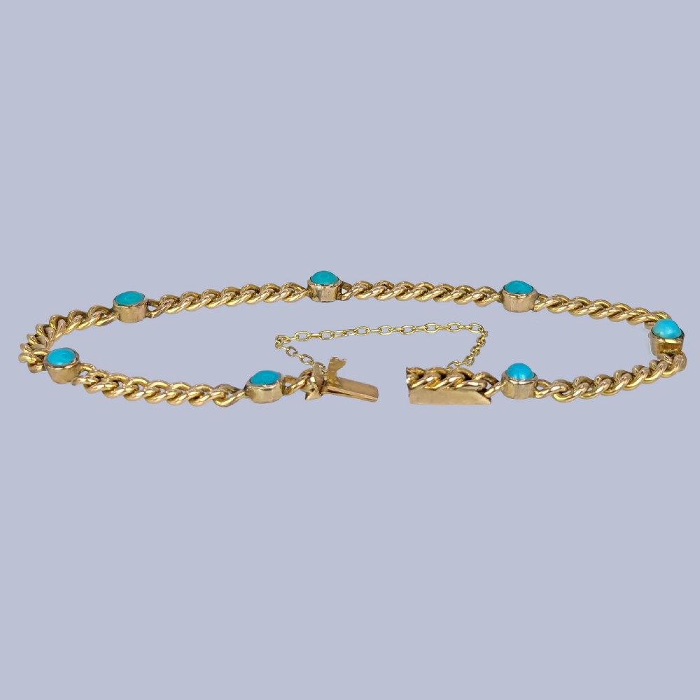Antique Turquoise Curb Link Bracelet 9ct Yellow Gold Vintage Edwardian Bracelet View V