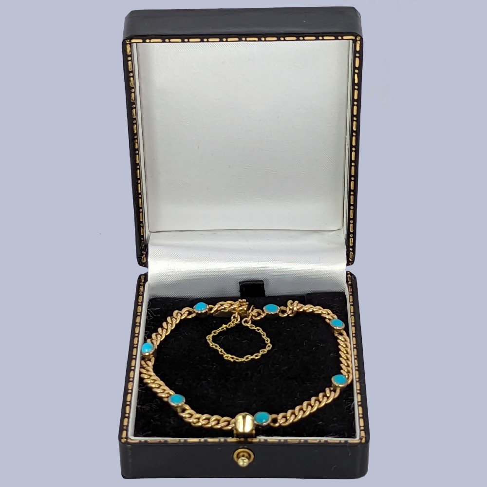 Antique Turquoise Curb Link Bracelet 9ct Yellow Gold Vintage Edwardian Bracelet View VI