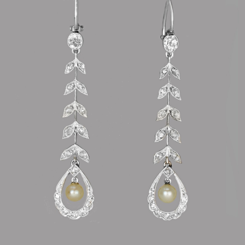 Edwardian Pearl Diamond Drop Earrings Platinum Antique Foliate Dangle Earrings