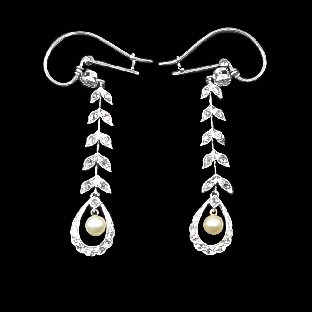 Edwardian Pearl Diamond Drop Earrings Platinum Antique Foliate Dangle Earrings View IV