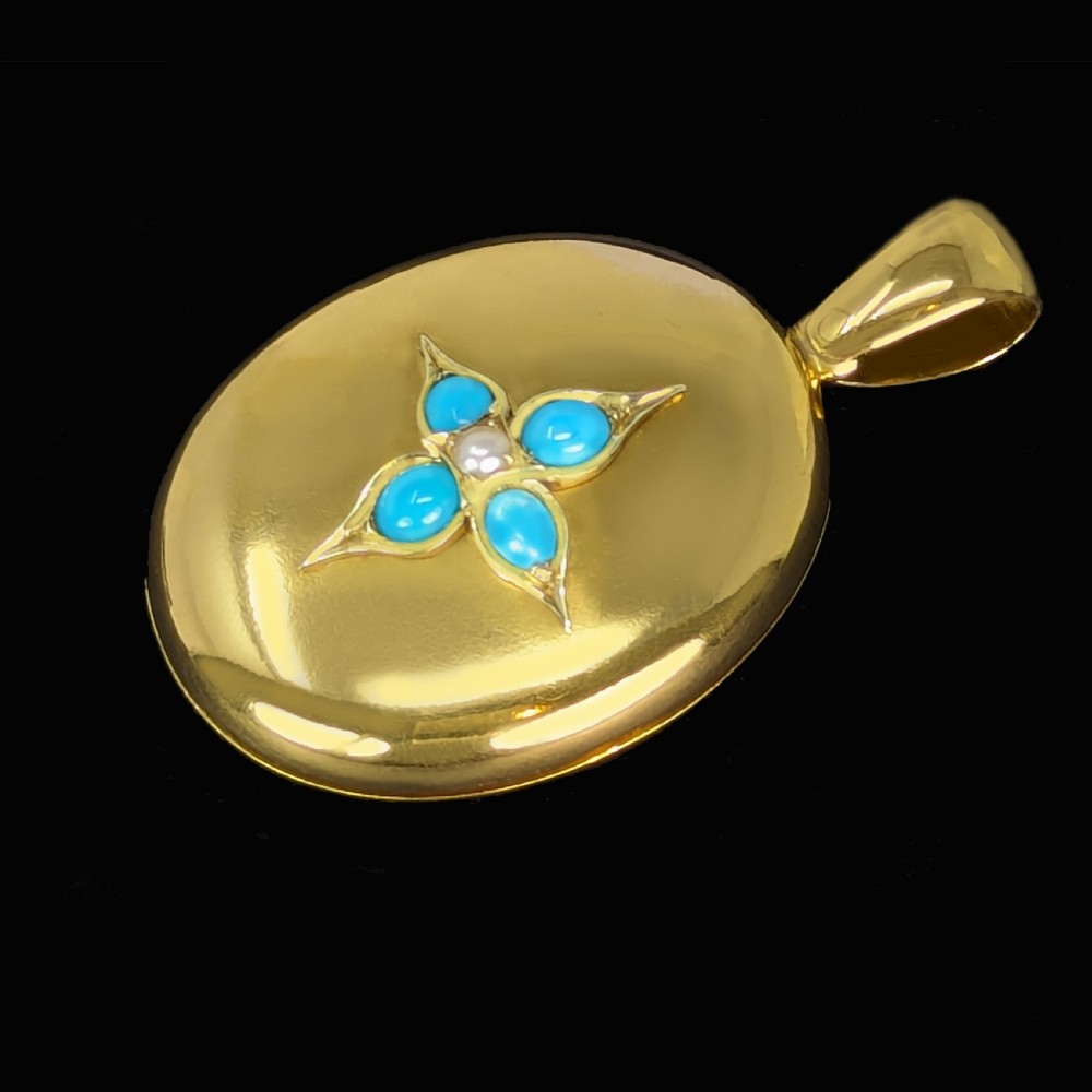 Victorian Turquoise and Pearl Locket 18ct Gold Star Motif Antique Photo Locket