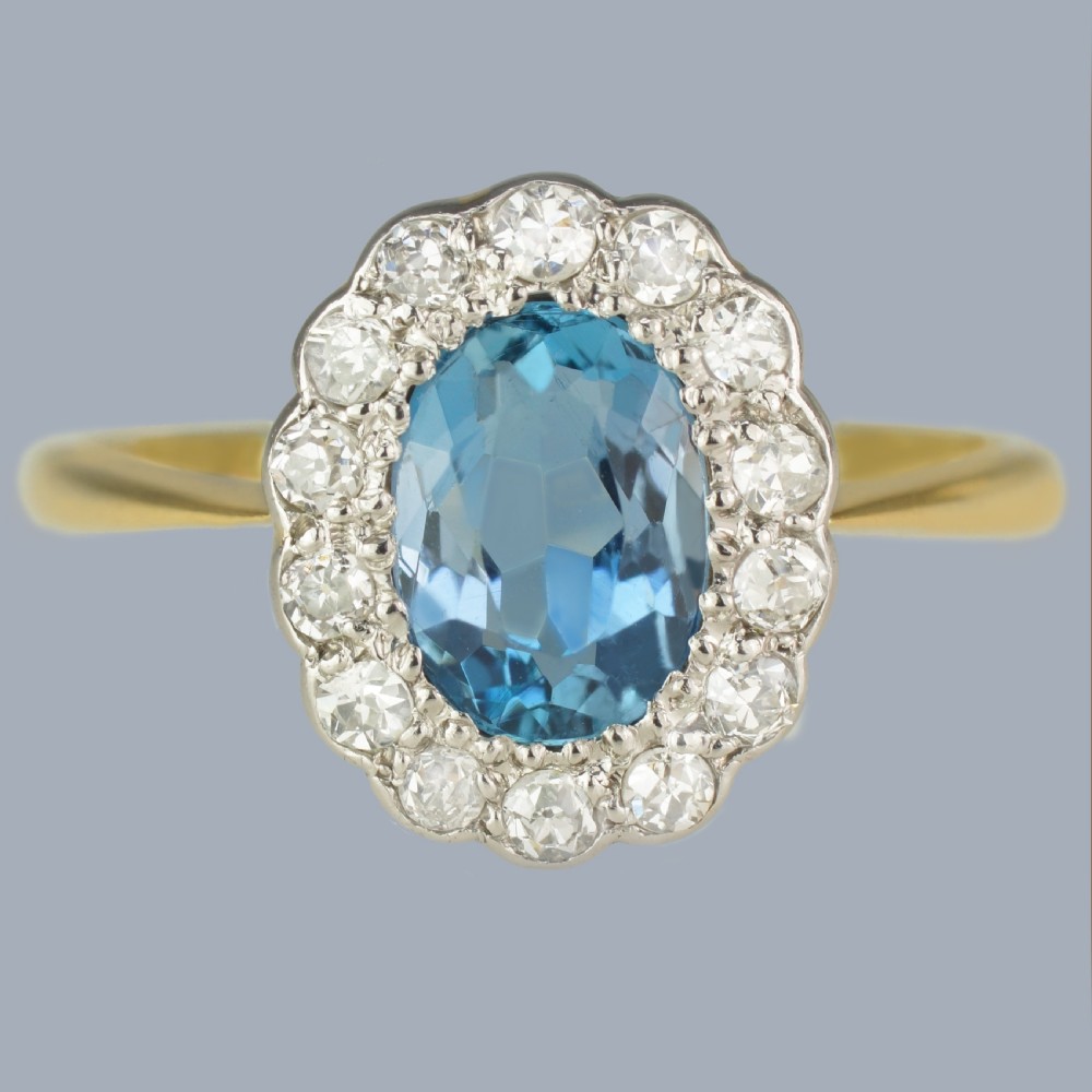 Aquamarine and Diamond Cluster Ring Vintage 18ct Gold and Platinum 1950s Engagement Ring