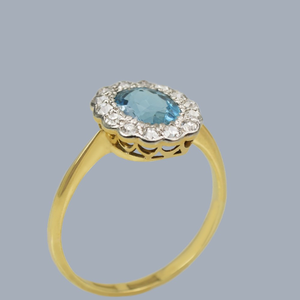 Aquamarine and Diamond Cluster Ring Vintage 18ct Gold and Platinum 1950s Engagement Ring View II