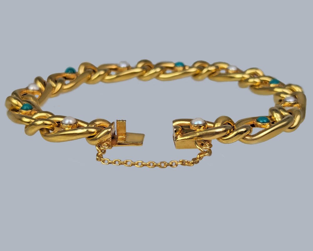 Antique 15ct Gold Turquoise & Pearl Curb Link Bracelet Victorian Bracelet circa 1880 View IV
