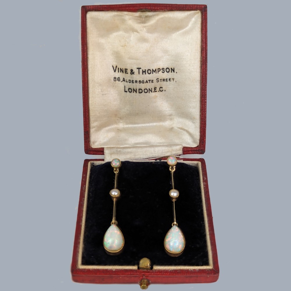 Edwardian Opal Pearl Drop Earrings 15ct Gold Antique Art Deco Dangle Earrings View II
