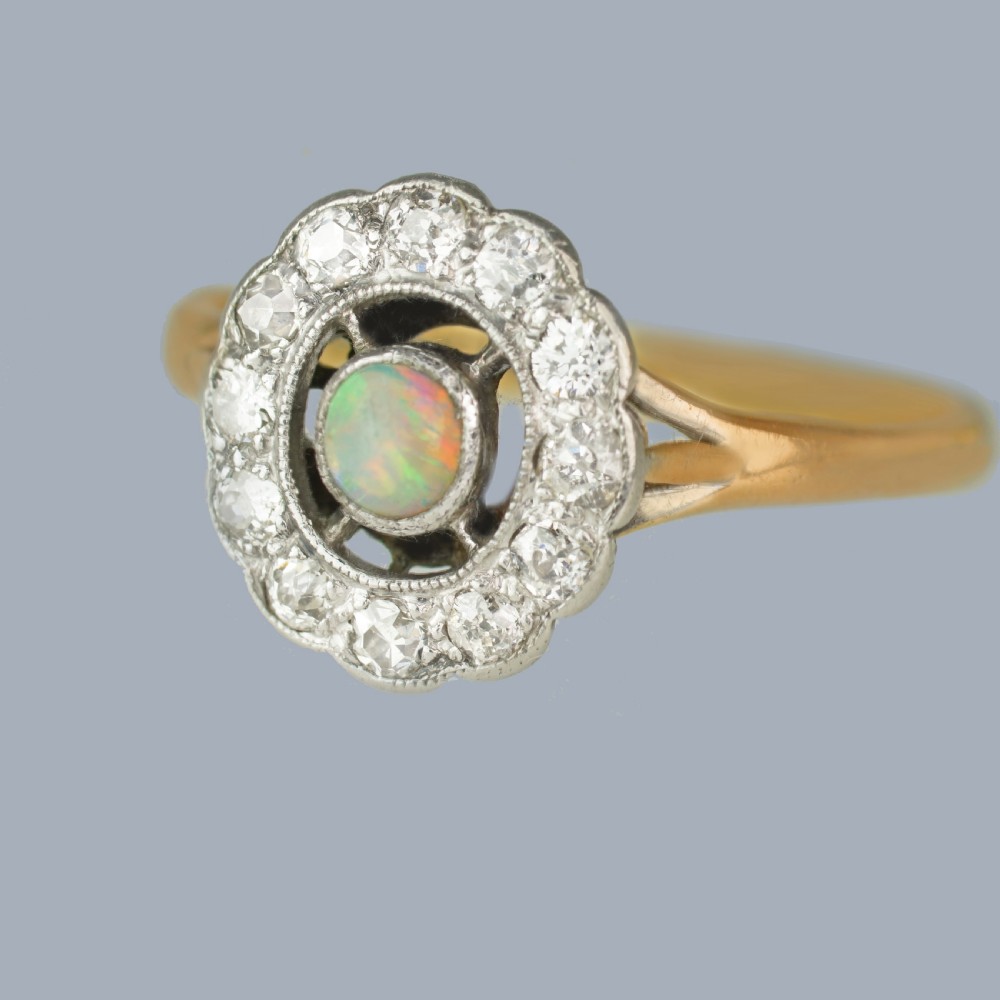 Antique Opal Diamond Cluster Ring 18ct Gold Edwardian Ring View II