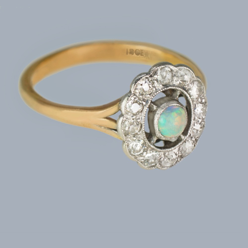 Antique Opal Diamond Cluster Ring 18ct Gold Edwardian Ring View III