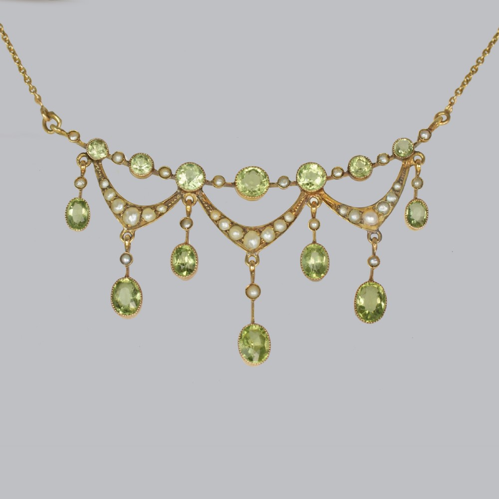 Vintage BIRKS Peridot Seed Pearl Necklace 14ct Gold Antique Fringe Swag Necklace
