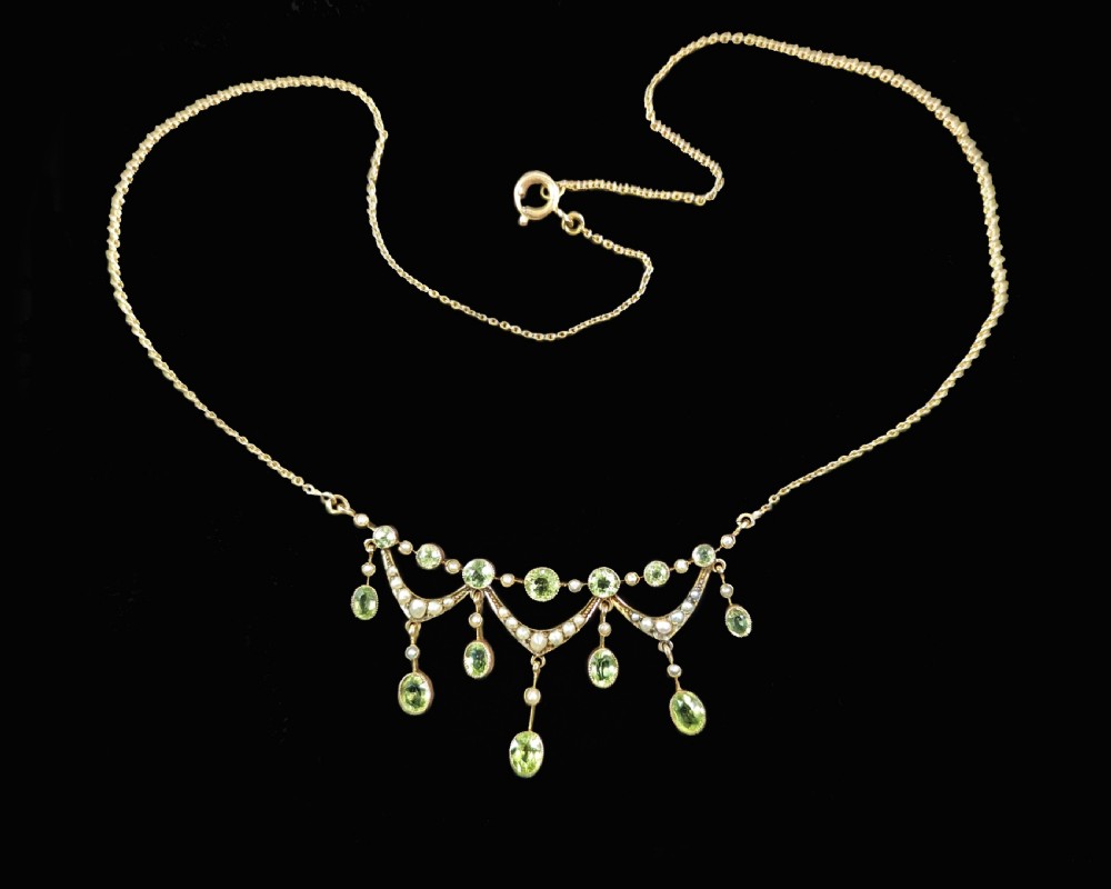 Vintage BIRKS Peridot Seed Pearl Necklace 14ct Gold Antique Fringe Swag Necklace View II