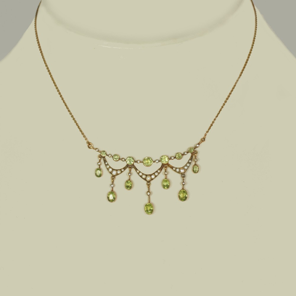 Vintage BIRKS Peridot Seed Pearl Necklace 14ct Gold Antique Fringe Swag Necklace View III