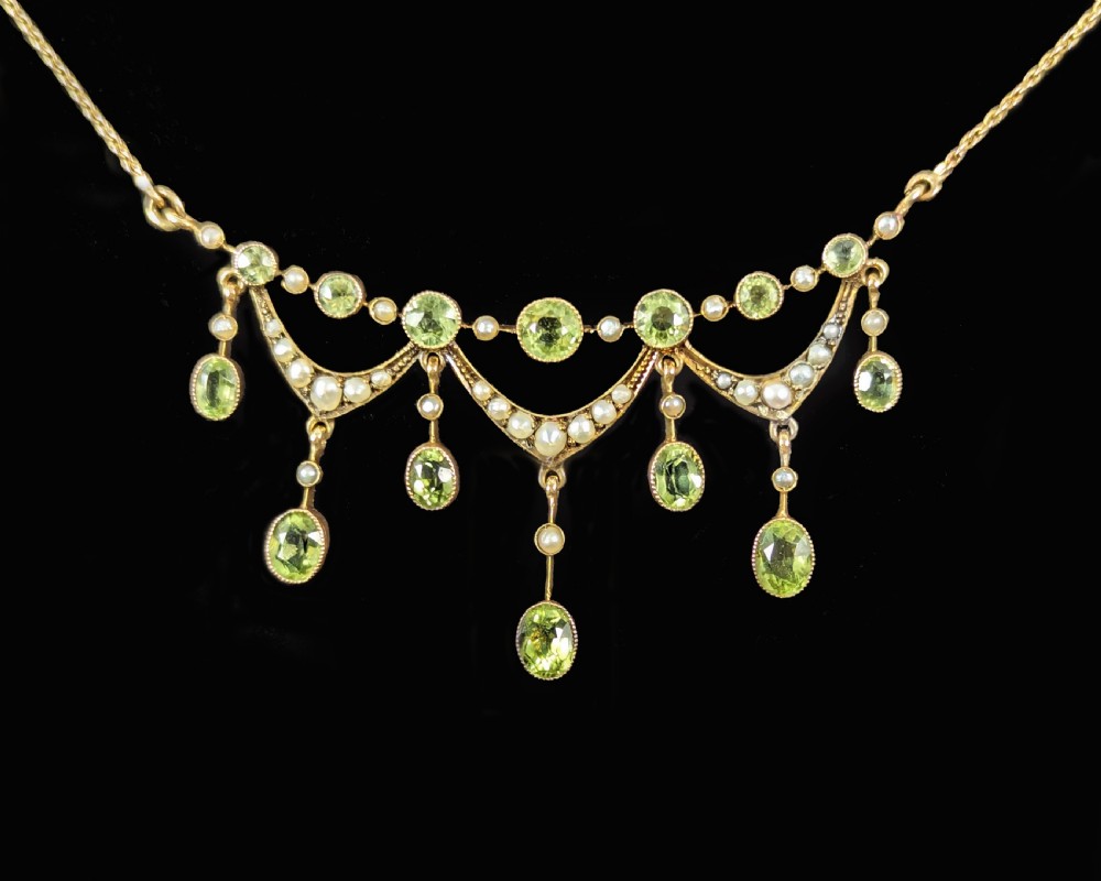 Vintage BIRKS Peridot Seed Pearl Necklace 14ct Gold Antique Fringe Swag Necklace View IV