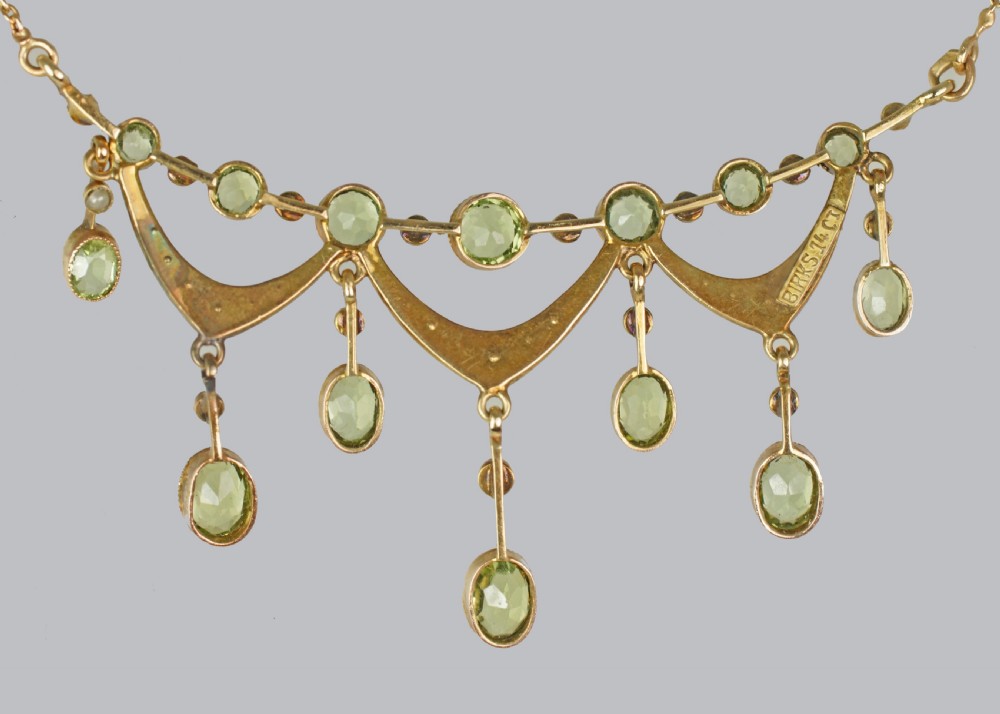 Vintage BIRKS Peridot Seed Pearl Necklace 14ct Gold Antique Fringe Swag Necklace View V