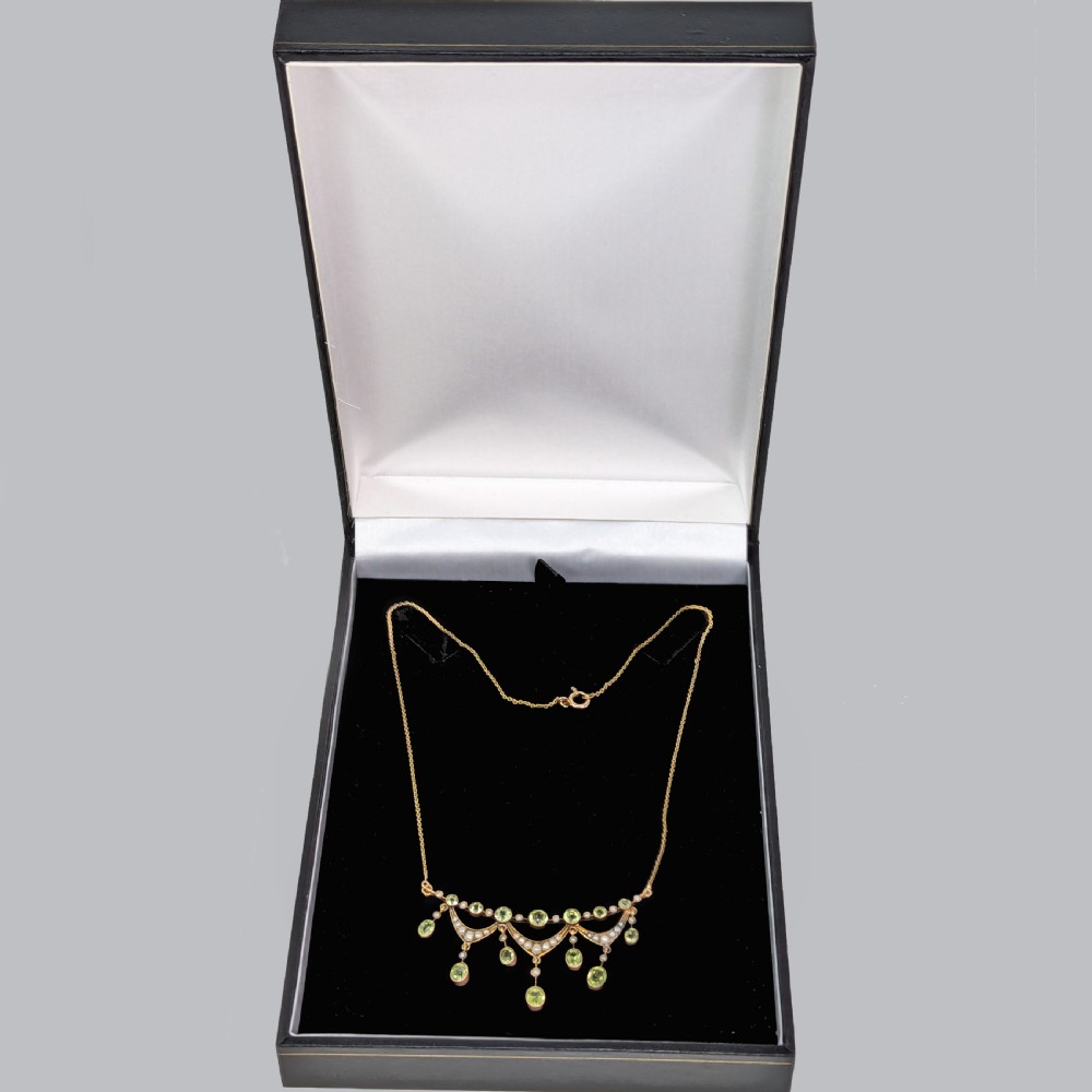 Vintage BIRKS Peridot Seed Pearl Necklace 14ct Gold Antique Fringe Swag Necklace View VI