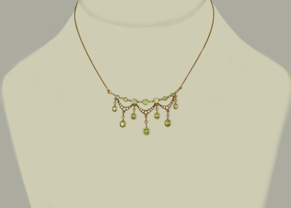 Vintage BIRKS Peridot Seed Pearl Necklace 14ct Gold Antique Fringe Swag Necklace View VII