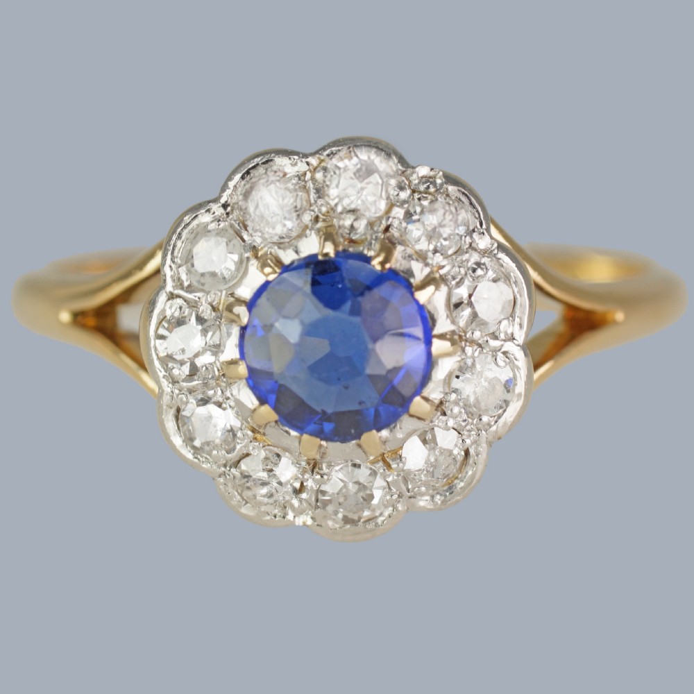 Edwardian Sapphire and Diamond Cluster Ring 18ct Gold Antique Flowerhead Ring