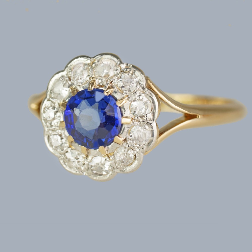 Edwardian Sapphire and Diamond Cluster Ring 18ct Gold Antique Flowerhead Ring View II