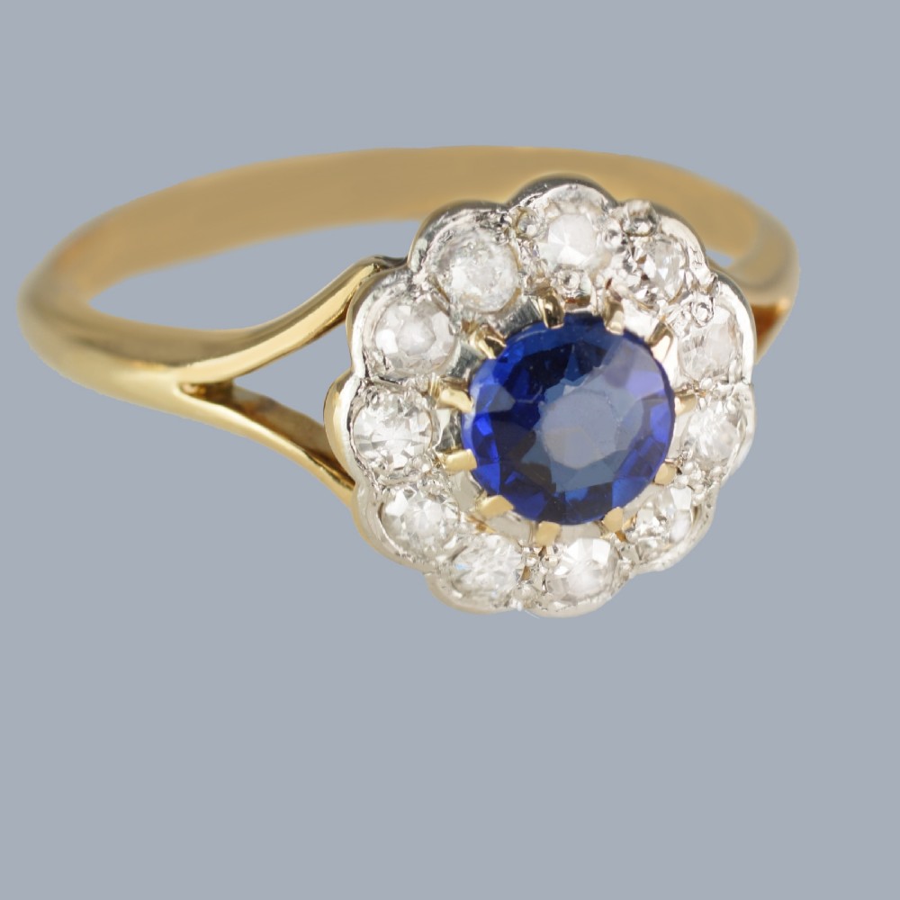 Edwardian Sapphire and Diamond Cluster Ring 18ct Gold Antique Flowerhead Ring View III