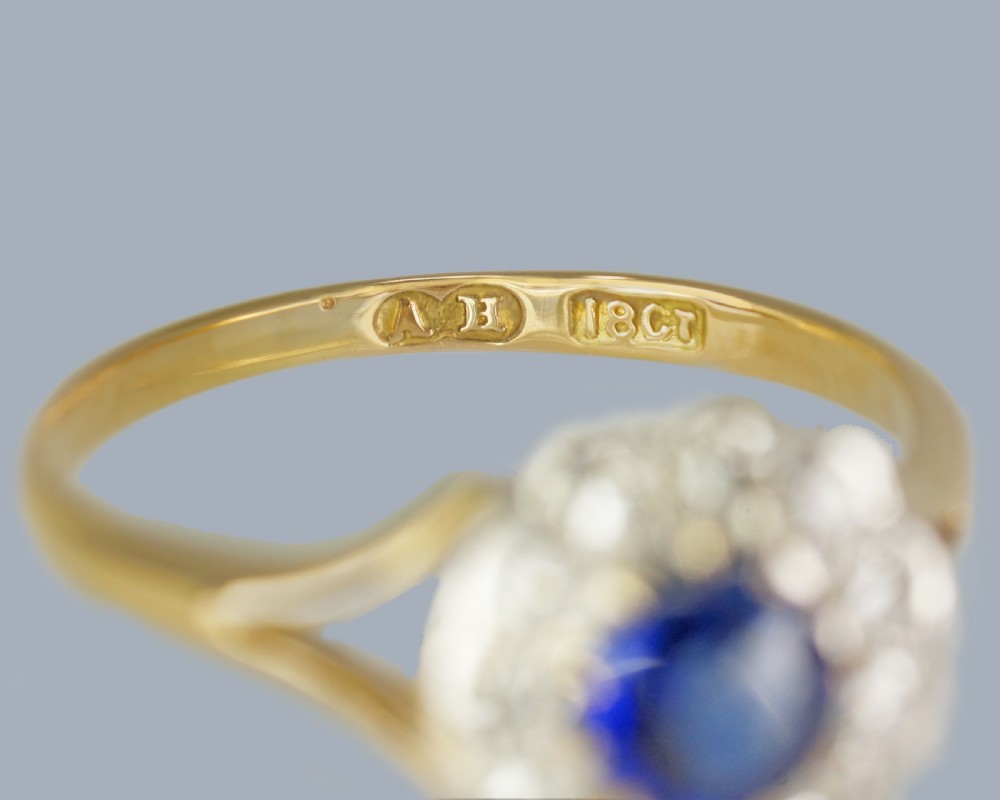 Edwardian Sapphire and Diamond Cluster Ring 18ct Gold Antique Flowerhead Ring View IX