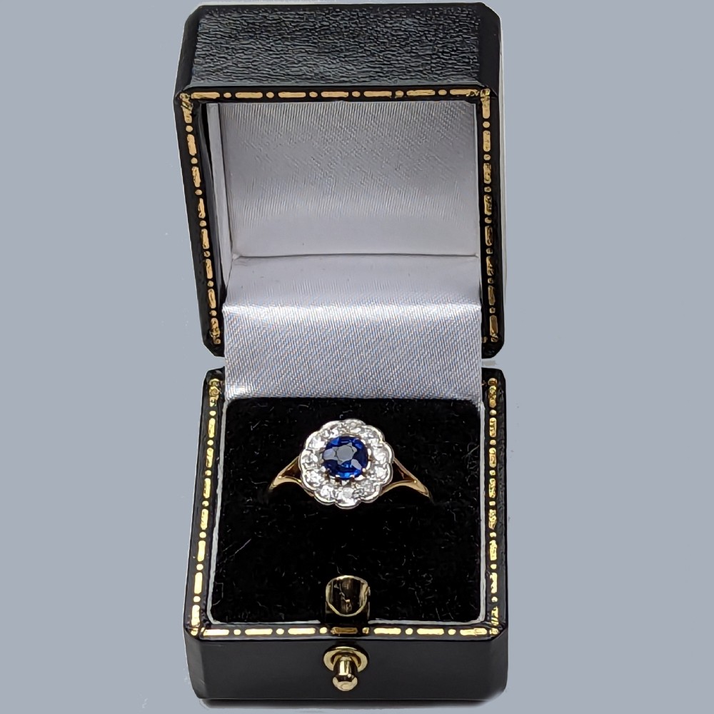 Edwardian Sapphire and Diamond Cluster Ring 18ct Gold Antique Flowerhead Ring View XI