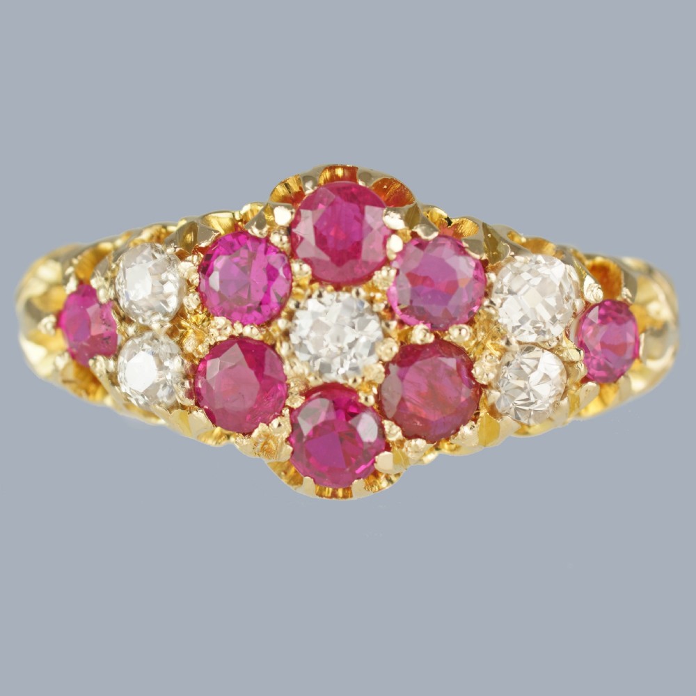 18ct Gold Antique Ruby Diamond Ring Vintage Cluster Ring Hallmarked Chester 1912