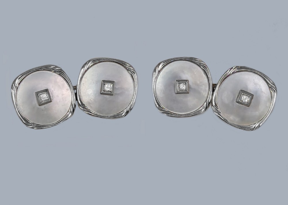 Edwardian Mother of Pearl Diamond Cufflinks 18ct Gold and Platinum Antique Cufflinks View II