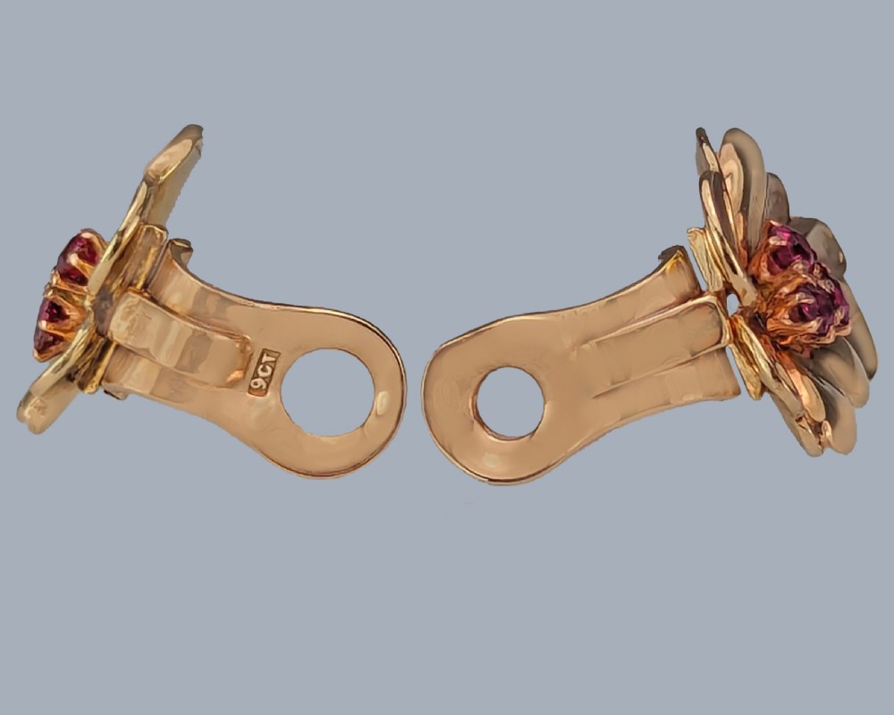 Vintage Floral Ruby Earrings 9ct Rose Gold Cluster Clip On 1950s Earrings View III
