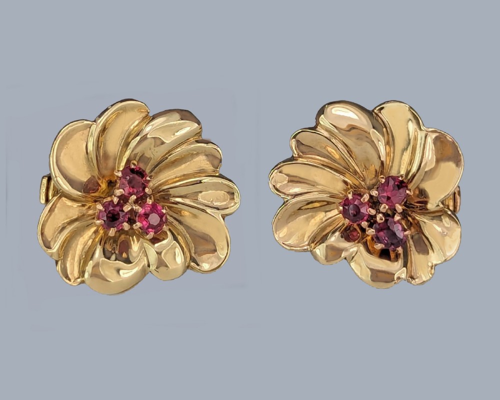 Vintage Floral Ruby Earrings 9ct Rose Gold Cluster Clip On 1950s Earrings View V