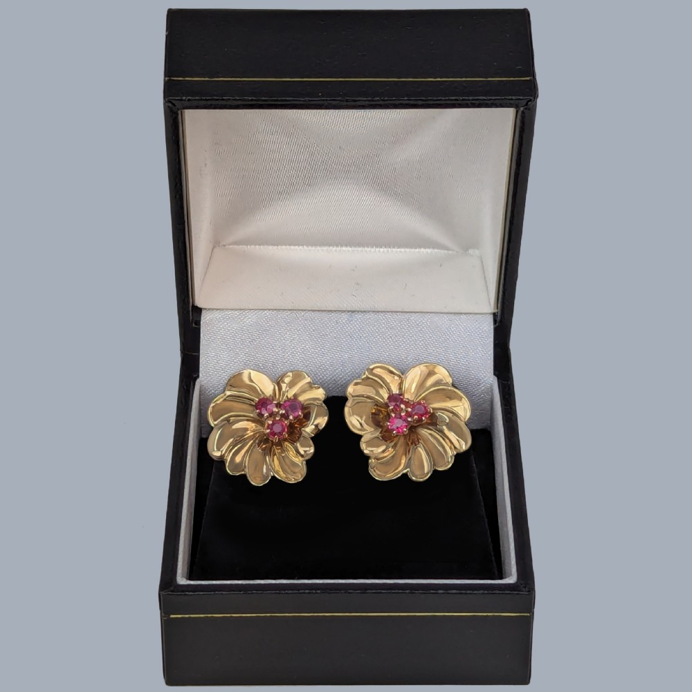 Vintage Floral Ruby Earrings 9ct Rose Gold Cluster Clip On 1950s Earrings View VI