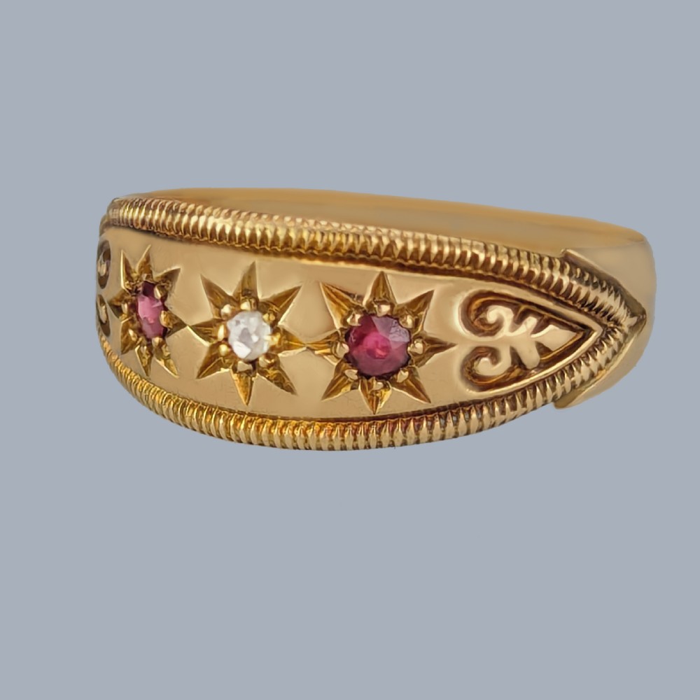 Antique Ruby and Diamond Ring 18ct Gold Edwardian Gypsy Trilogy Ring Chester 1908 View II