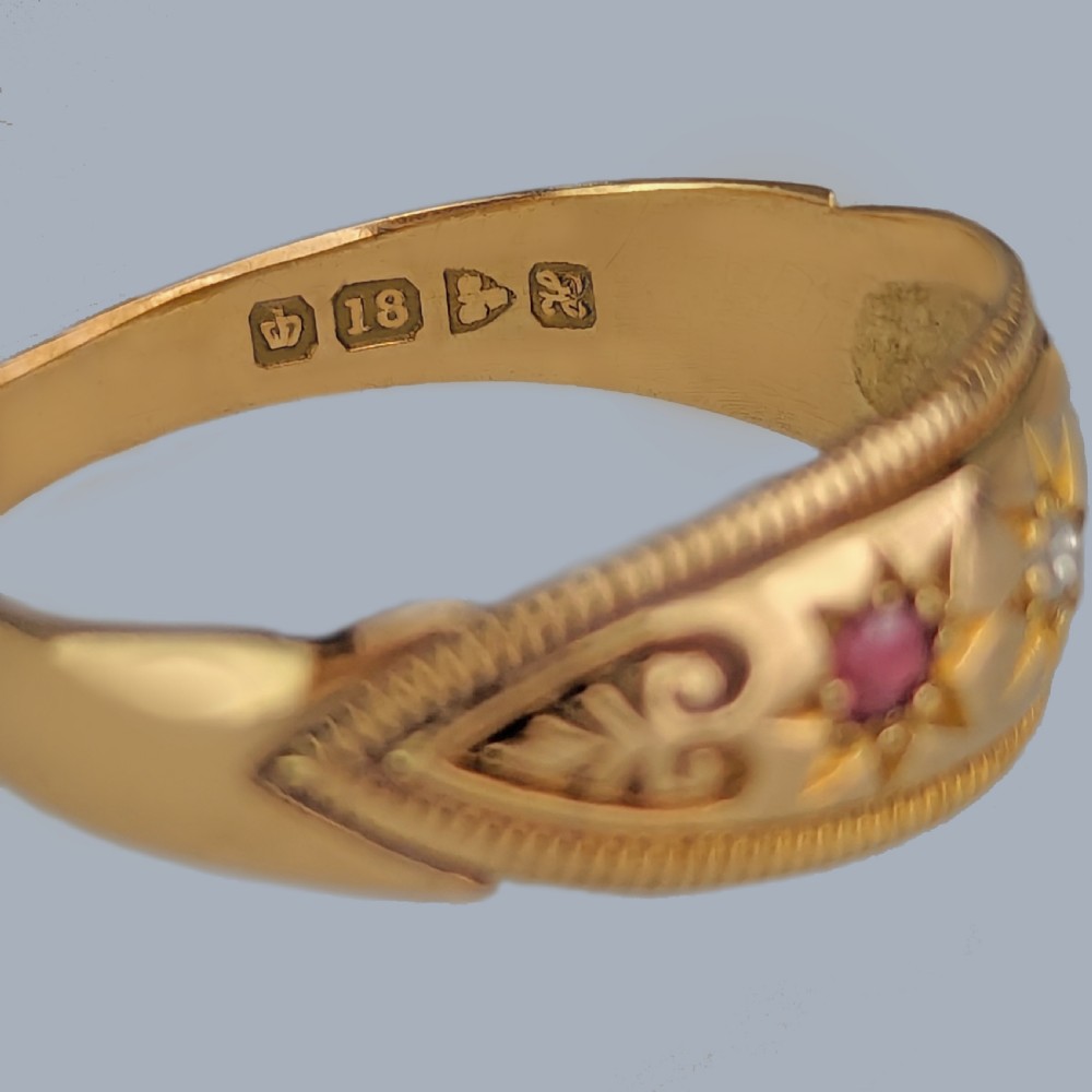Antique Ruby and Diamond Ring 18ct Gold Edwardian Gypsy Trilogy Ring Chester 1908 View III