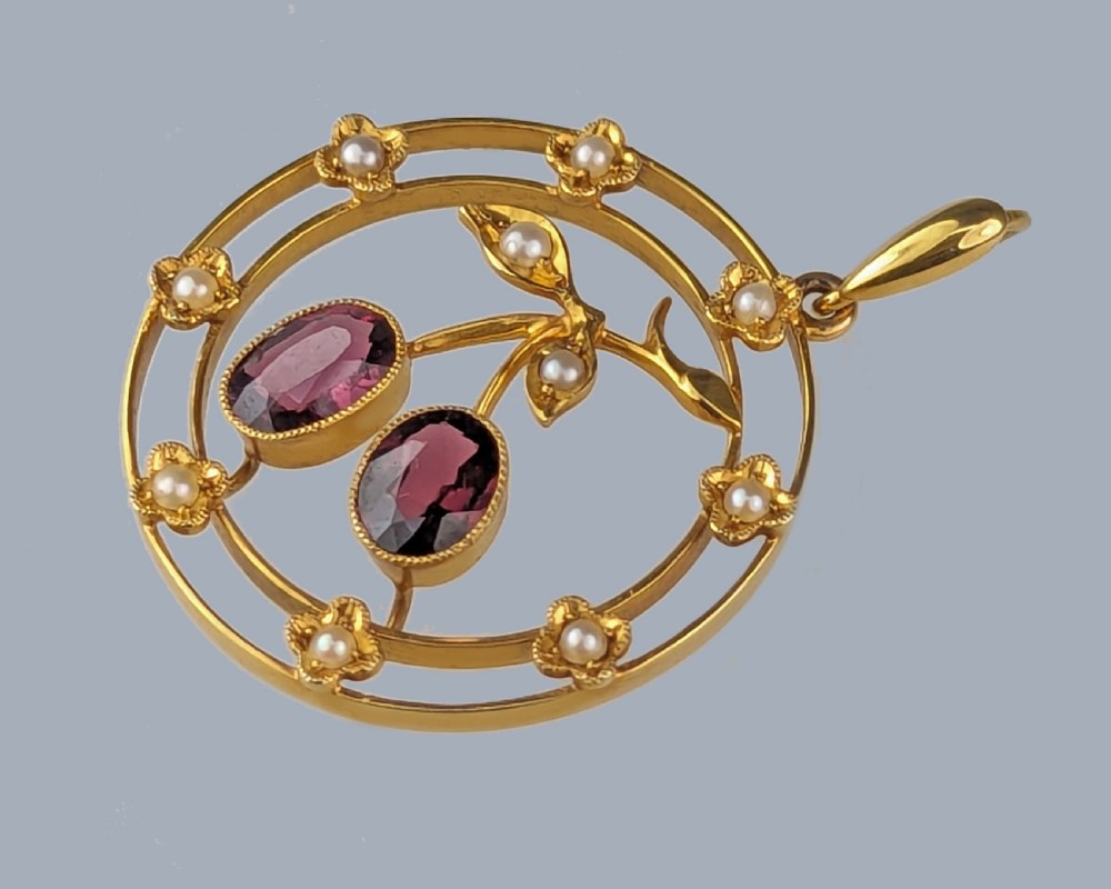Antique 15ct Gold Garnet Pearl Pendant and Chain Edwardian Cherry Necklace 1910s View V