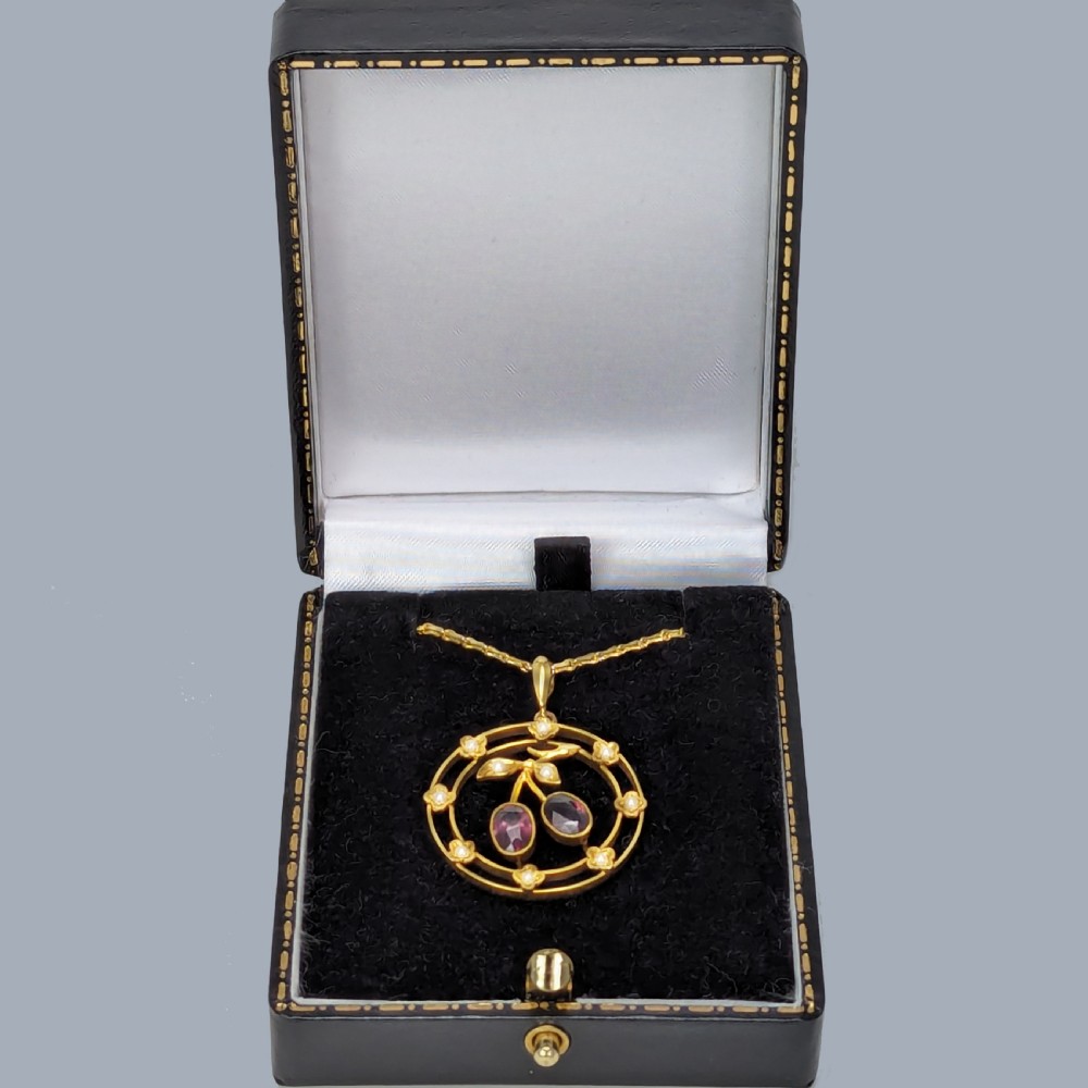 Antique 15ct Gold Garnet Pearl Pendant and Chain Edwardian Cherry Necklace 1910s View VI
