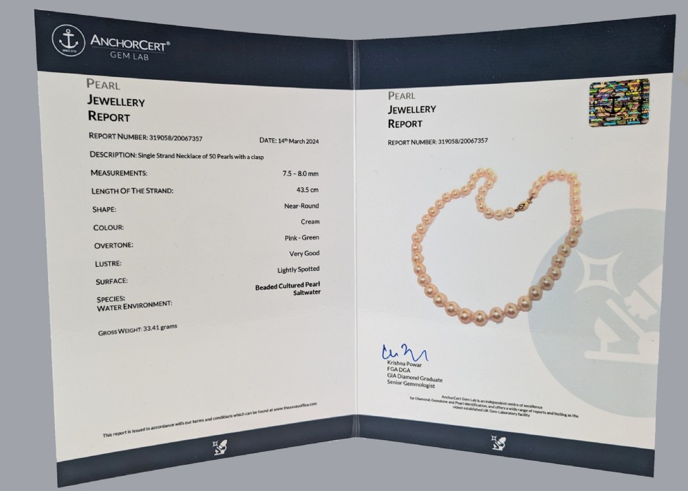 Vintage Pearl Necklace Cream/Pink with Gem Report Salt Water 18ct Clasp Single Strand View V