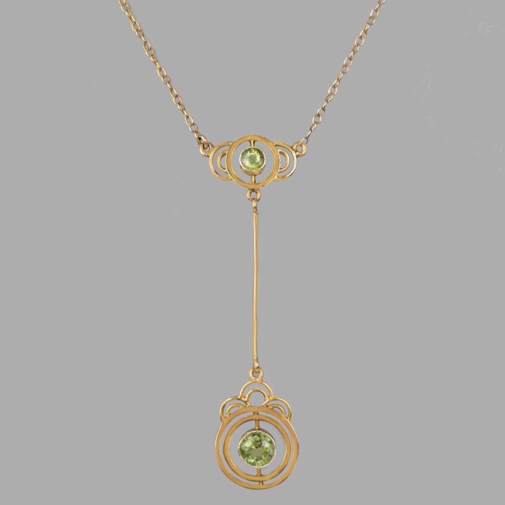 Art Nouveau Peridot Necklace 9ct Gold Antique Edwardian Drop Pendant Circa 1905
