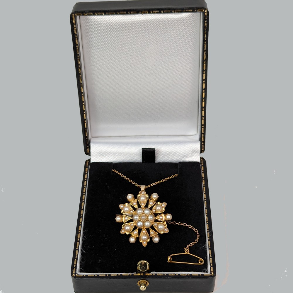 Victorian Pearl Pendant Brooch 9ct Gold Flowerhead with Chain Antique Circa 1880 View VII