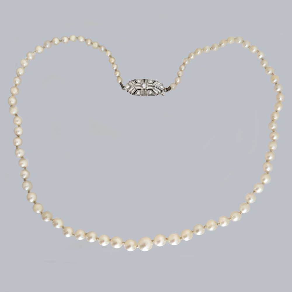 Art Deco Pearl Necklace Diamond Clasp with Gem Lab Certificate Single Strand