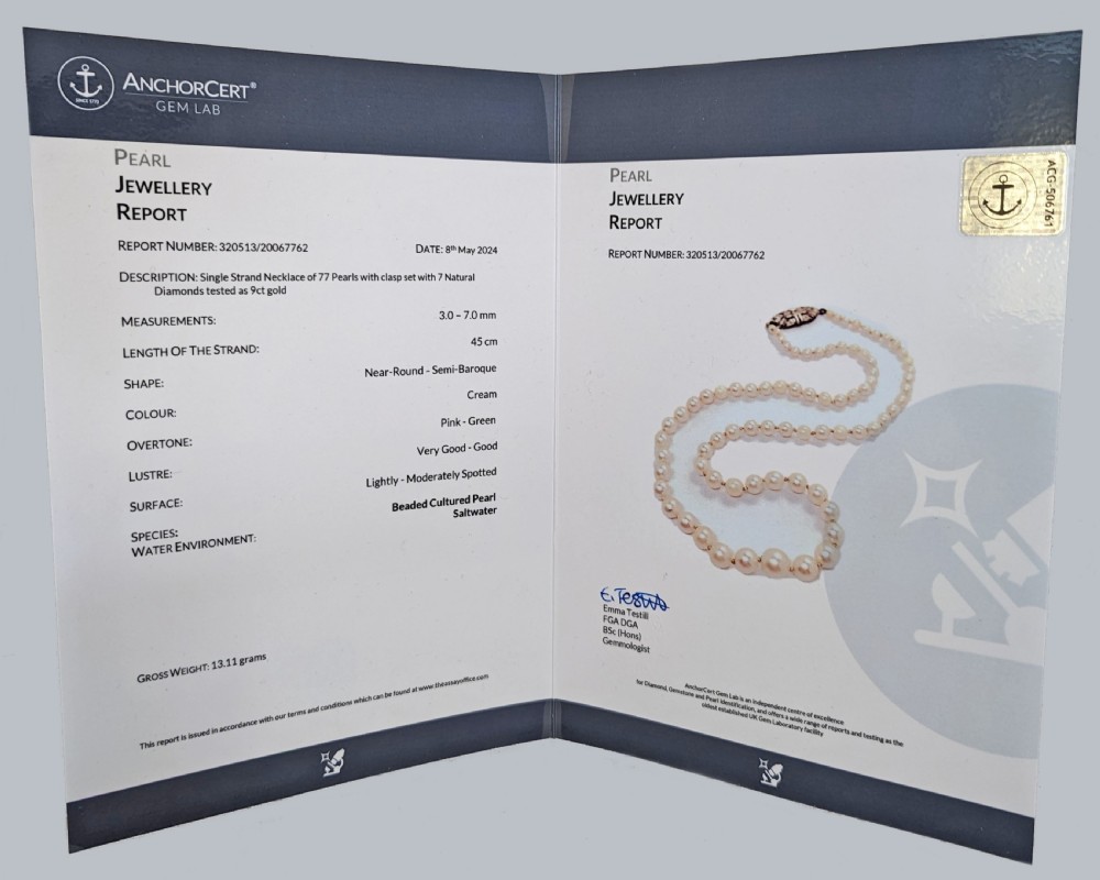 Art Deco Pearl Necklace Diamond Clasp with Gem Lab Certificate Single Strand View IV