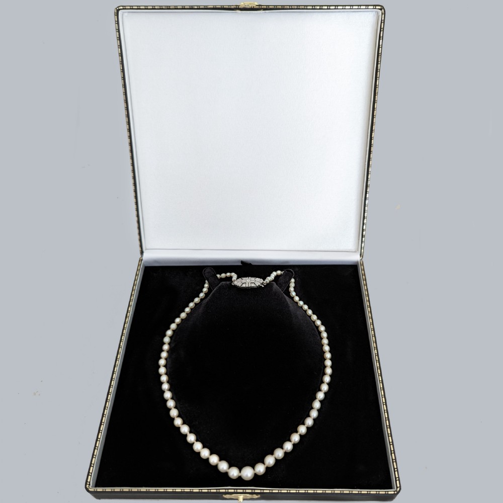 Art Deco Pearl Necklace Diamond Clasp with Gem Lab Certificate Single Strand View VI