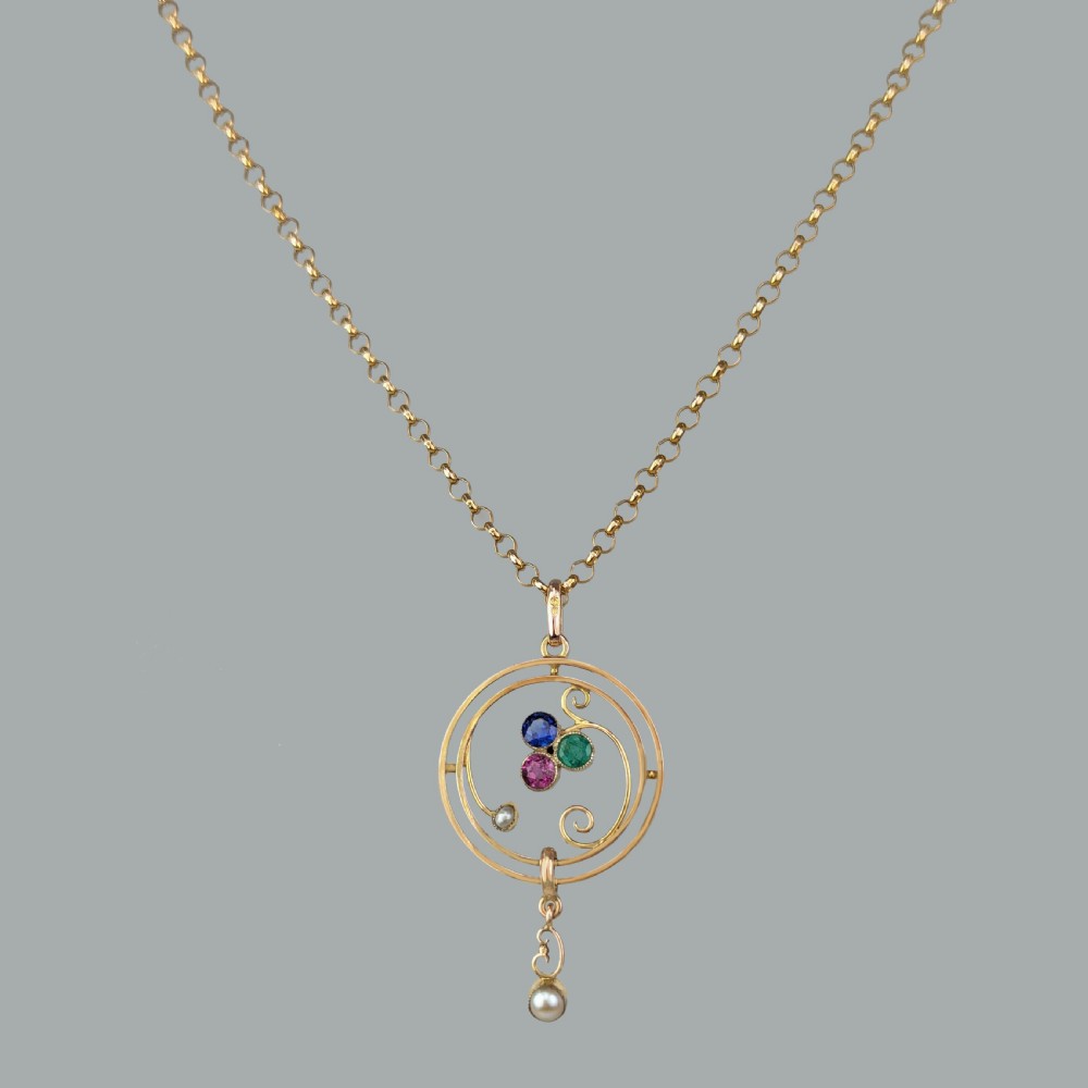 Edwardian Ruby Sapphire Emerald Pearl Pendant 9ct Gold Art Nouveau Vintage Chain View II